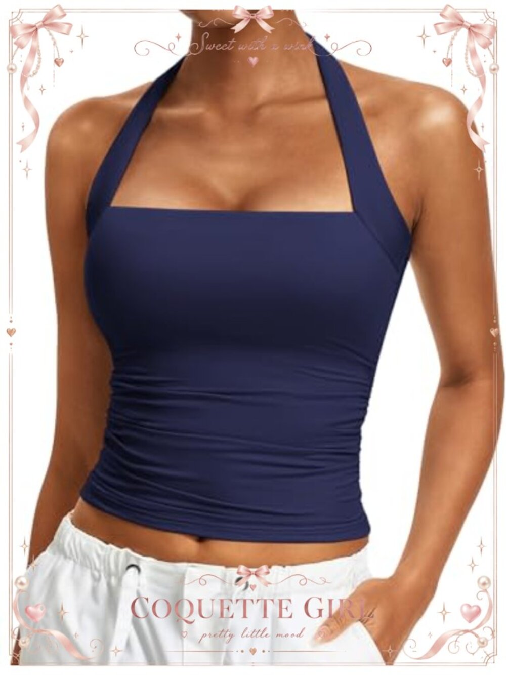 Halter Tank Top Square Neck Double Layer Slim Fit Ruch